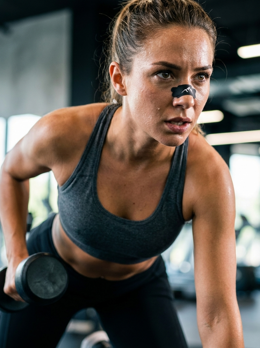 Athlete wearing Peak Performance nasal strip during training