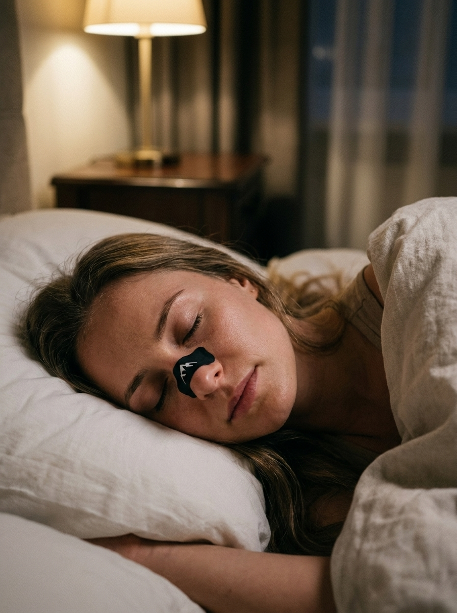 Person sleeping with a Peak Performance nasal strip for better breathing