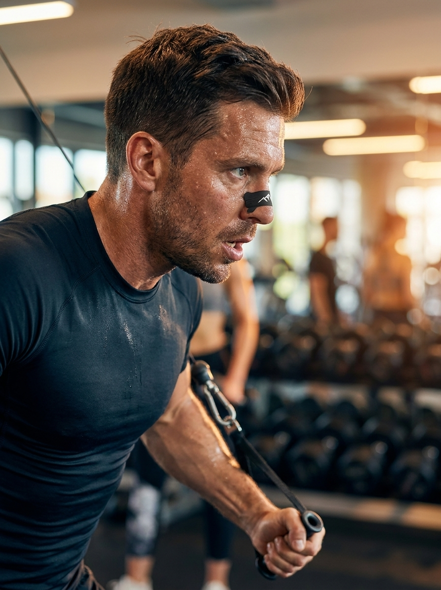 Athlete wearing Peak Performance nasal strip during training