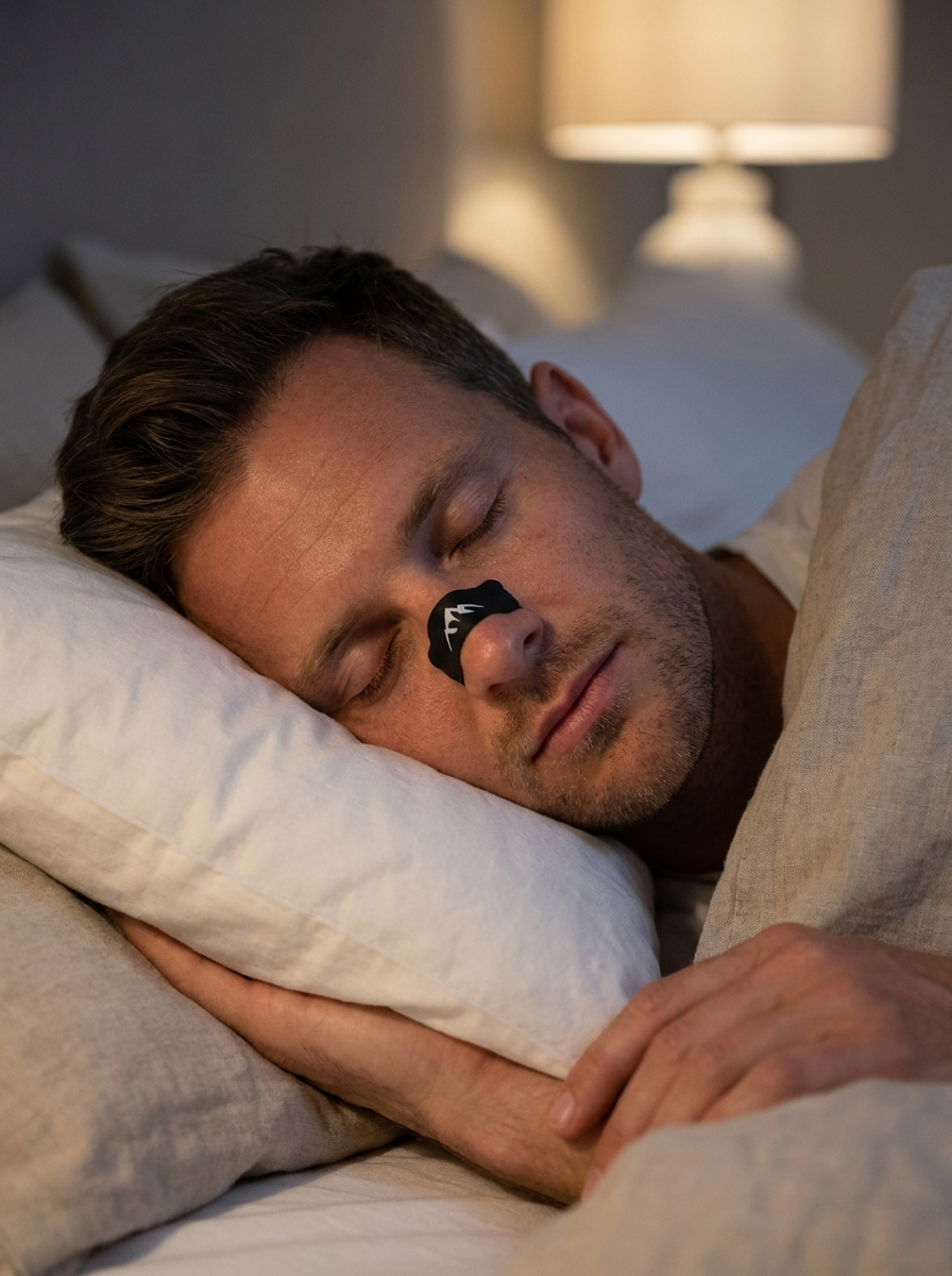 Person sleeping with a Peak Performance nasal strip for better breathing